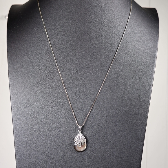 Pearl and Marcasite Sterling Silver Teardrop Necklace - Picture 4 of 4